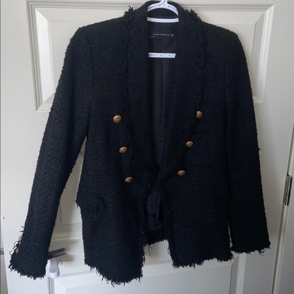 ZARA BLACK BLAZER TWEED WITH GOLD BUTTONS COAT JACKET - Picture 8 of 12